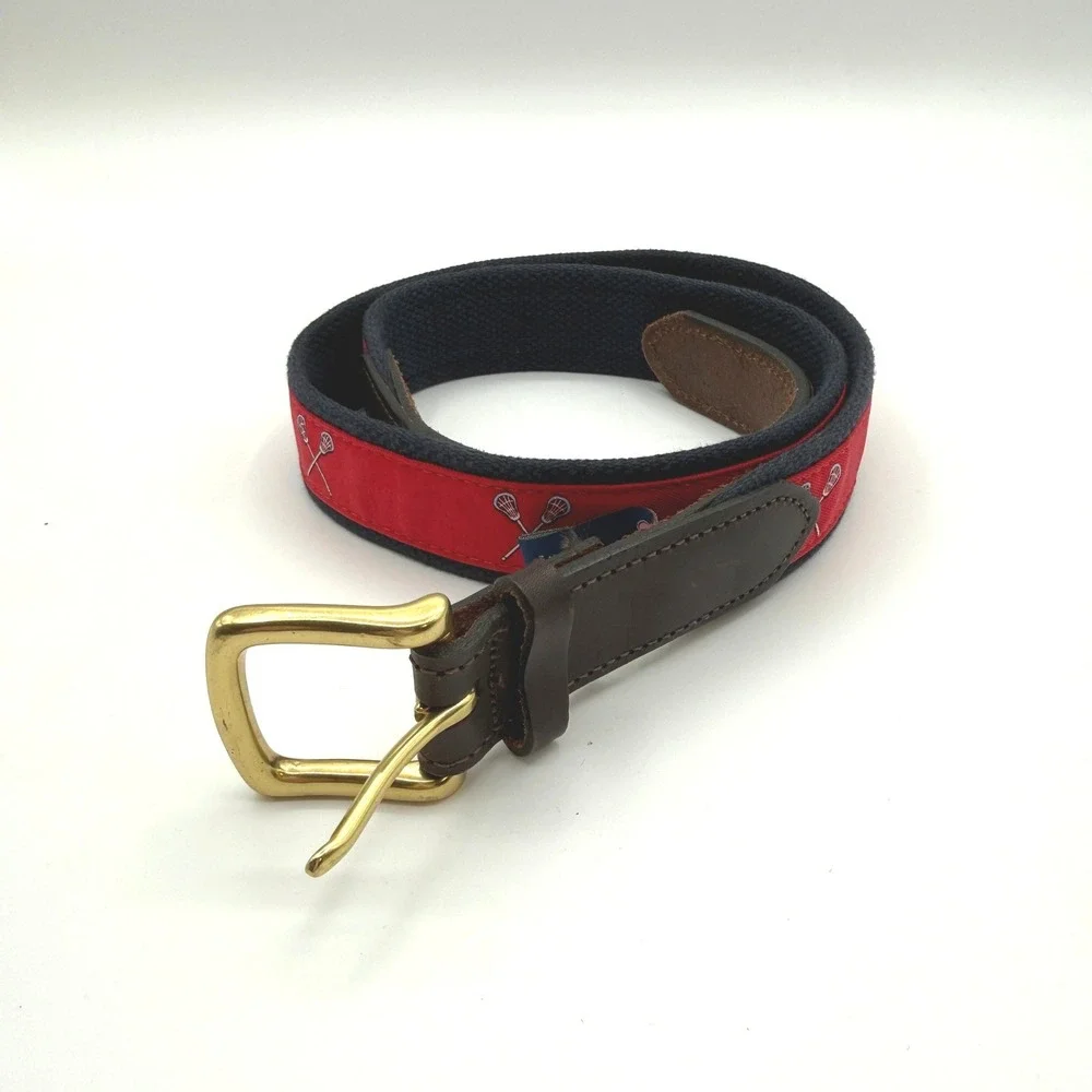 Vineyard Vines Belt Mens 36 Red Lacrosse Sticks Canvas Leather Ribbon Preppy